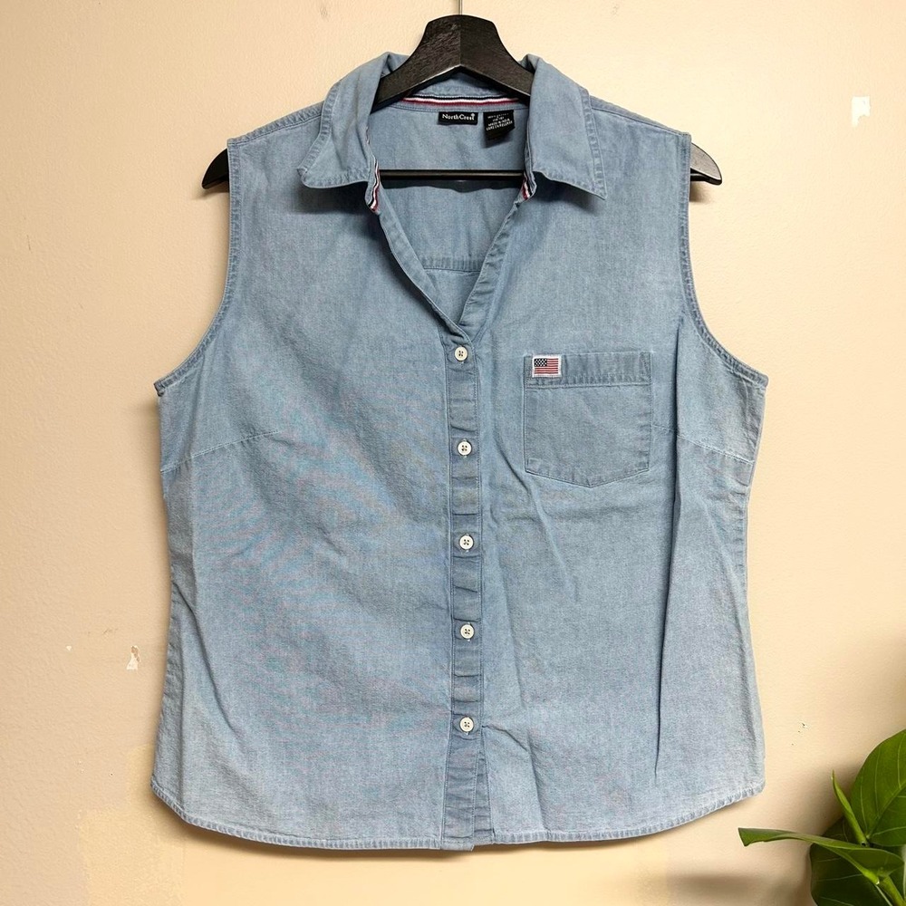 North Crest Vintage 90s Denim American Flag Vest Button Up Shirt Blue Womens L